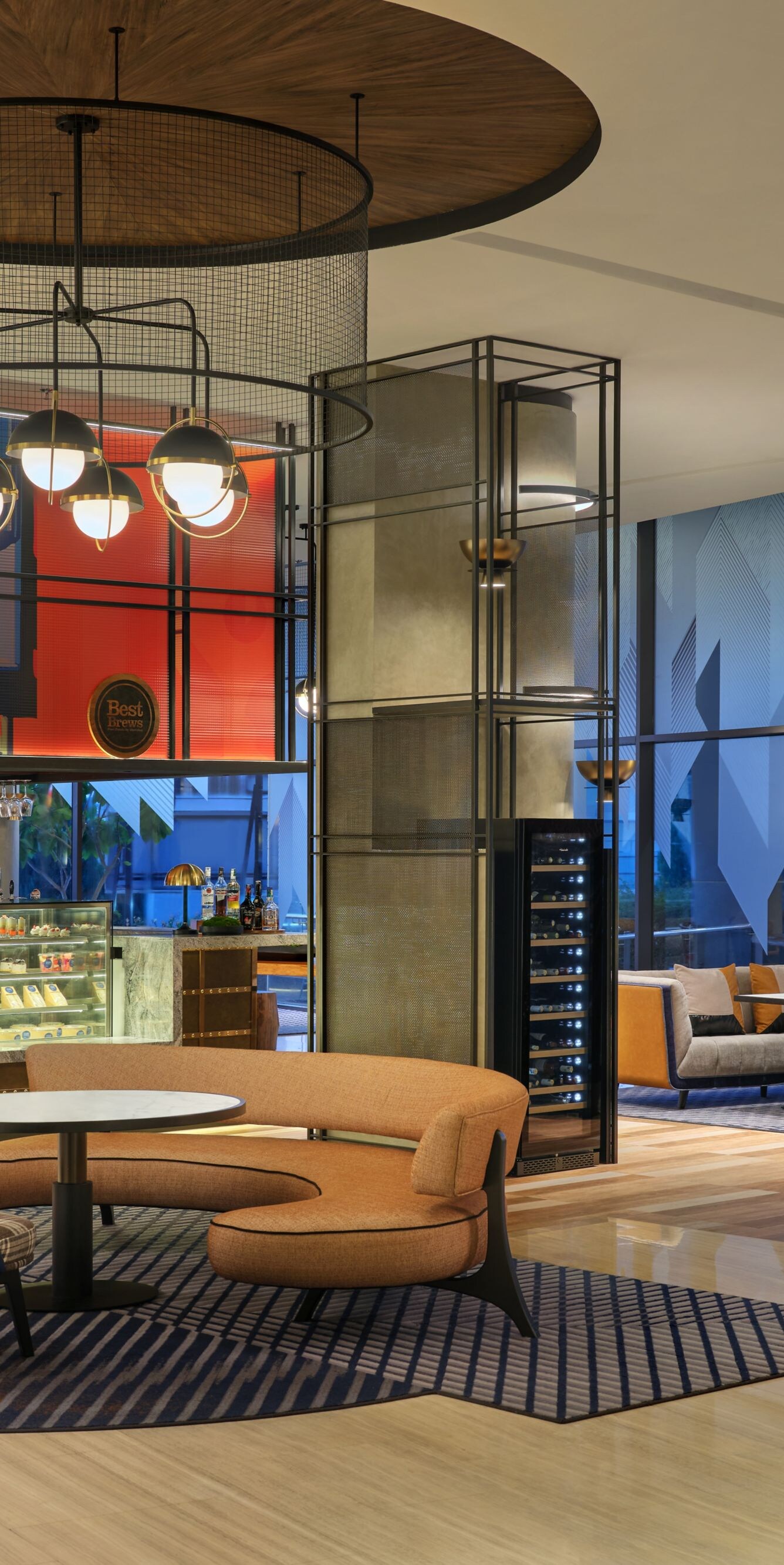 Modern bar with red neon and pool table