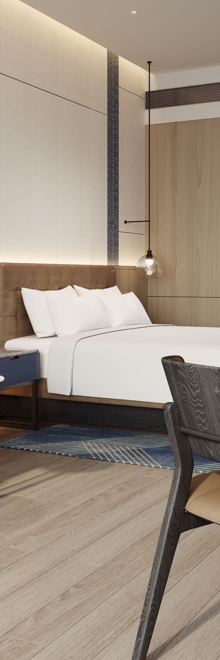 king bed, table, chair, sitting area