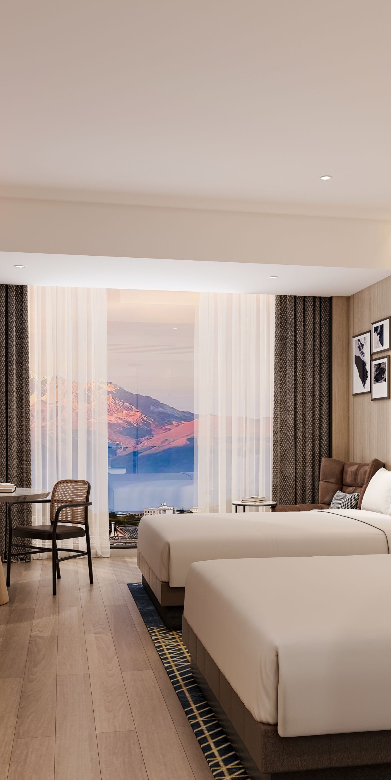 two beds, tv, bench, sitting area