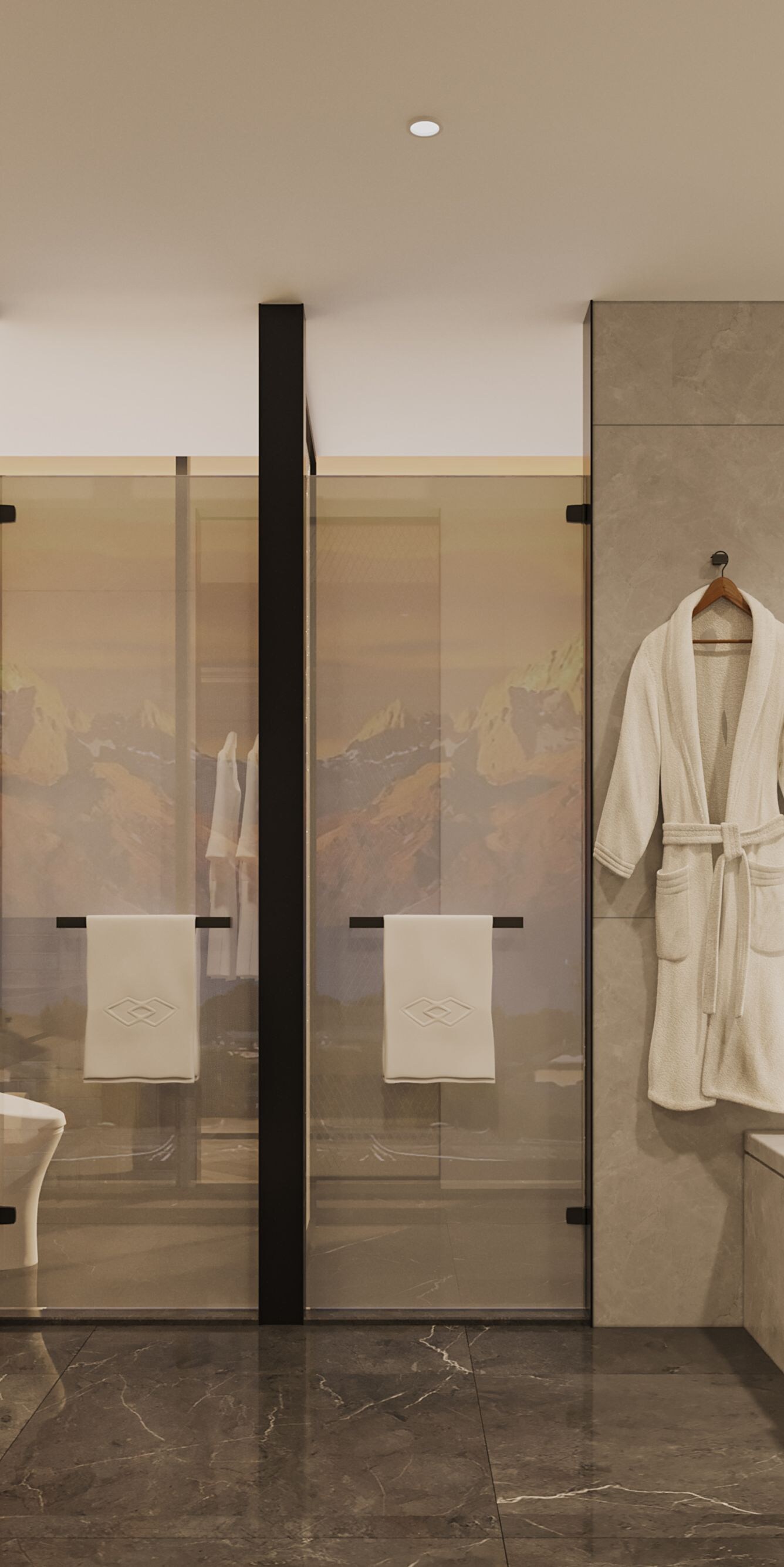 vanity, walk-in shower, and soaking tub