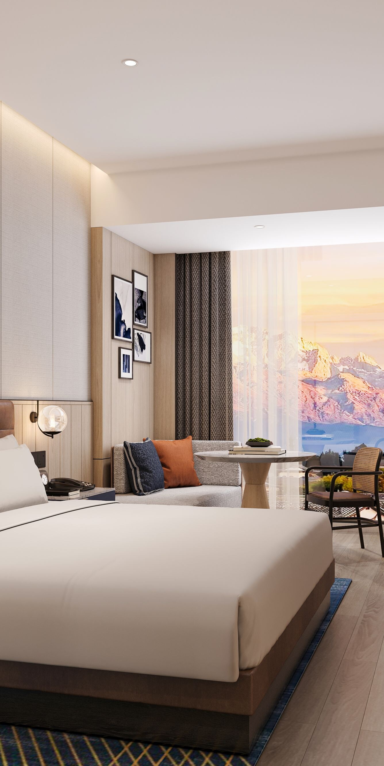 king bed, sitting area, mountain view