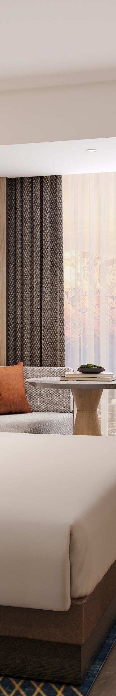 king bed, sitting area, mountain view