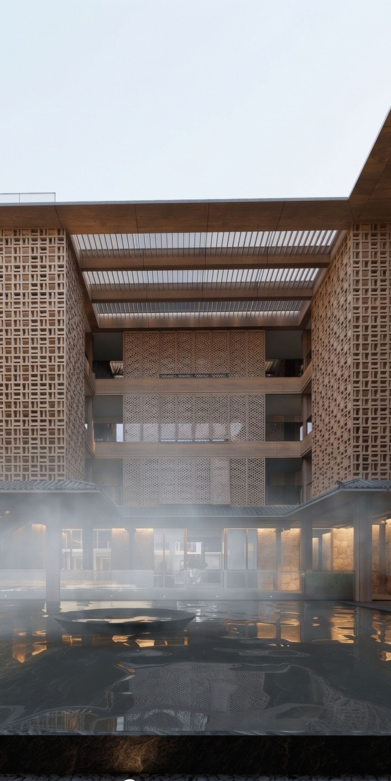 Modern indoor pool with misty water courtyard