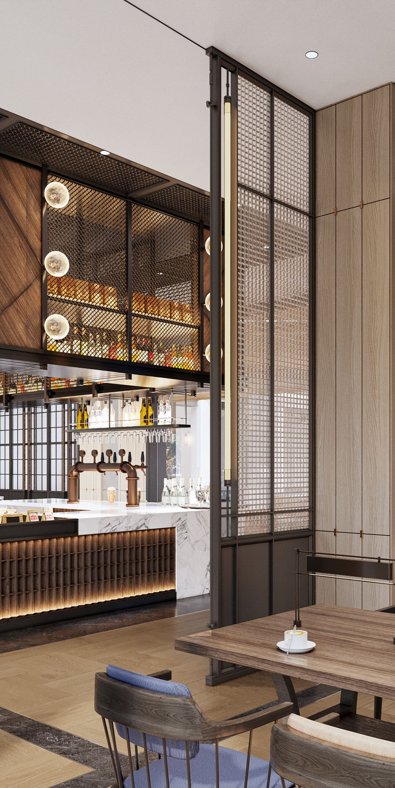 Lobby with communal table and bar