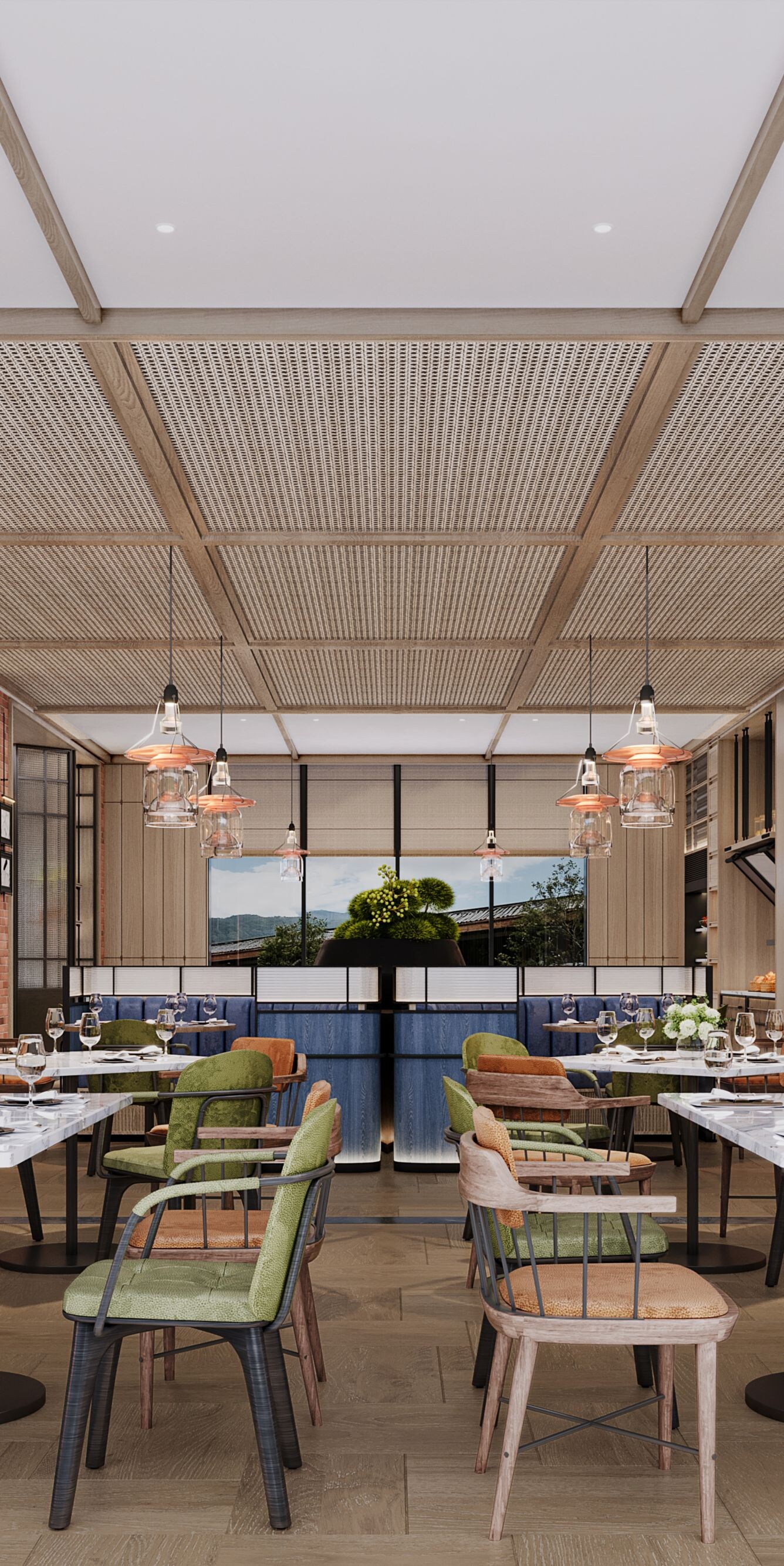 Modern restaurant with colorful dining chairs
