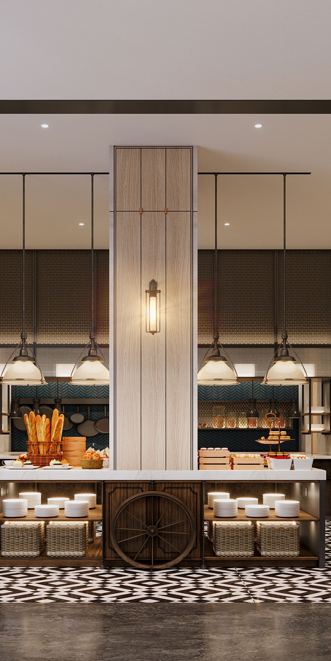 Stylish restaurant buffet with patterned floor