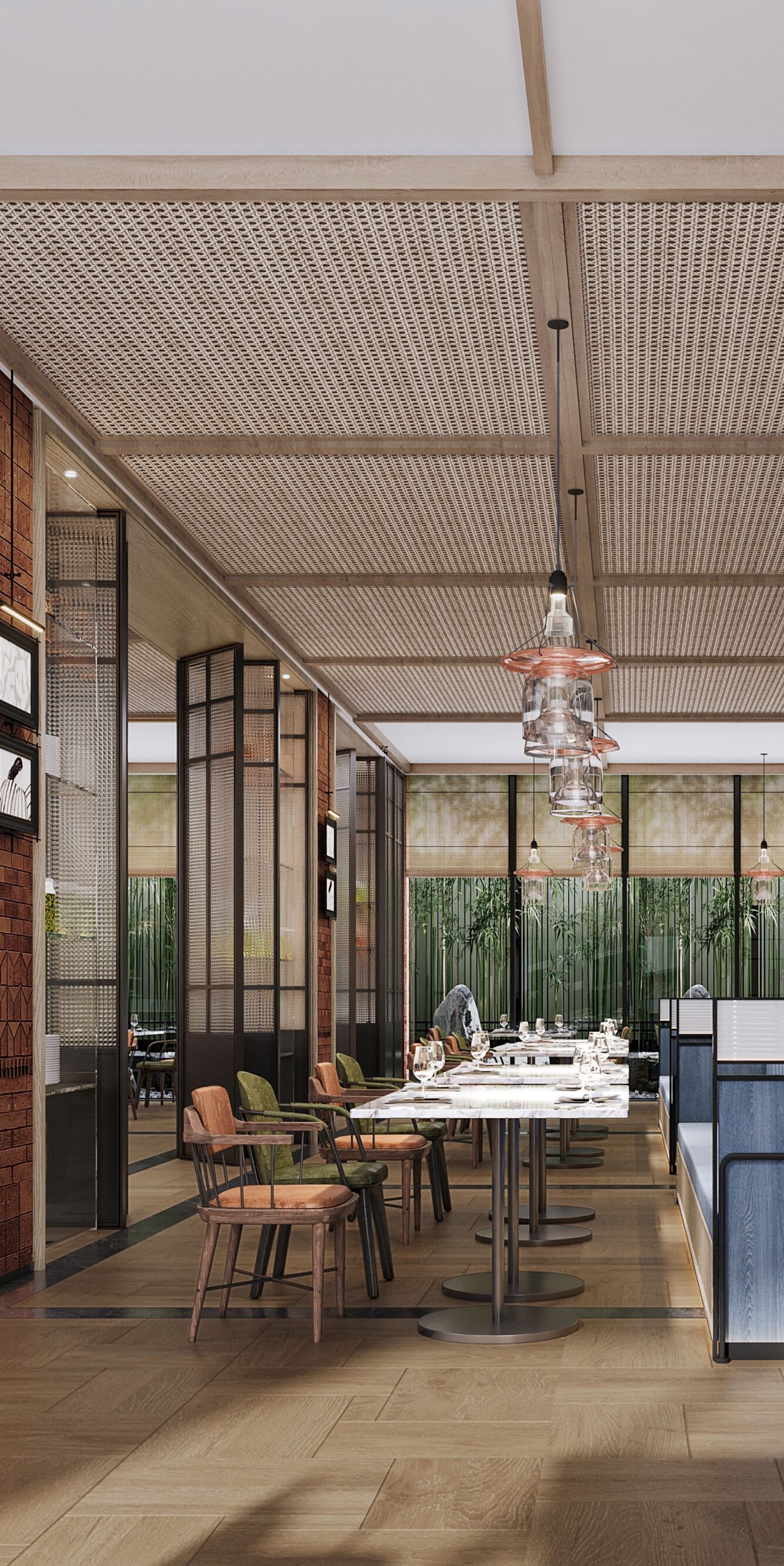Modern restaurant dining area with wood accents