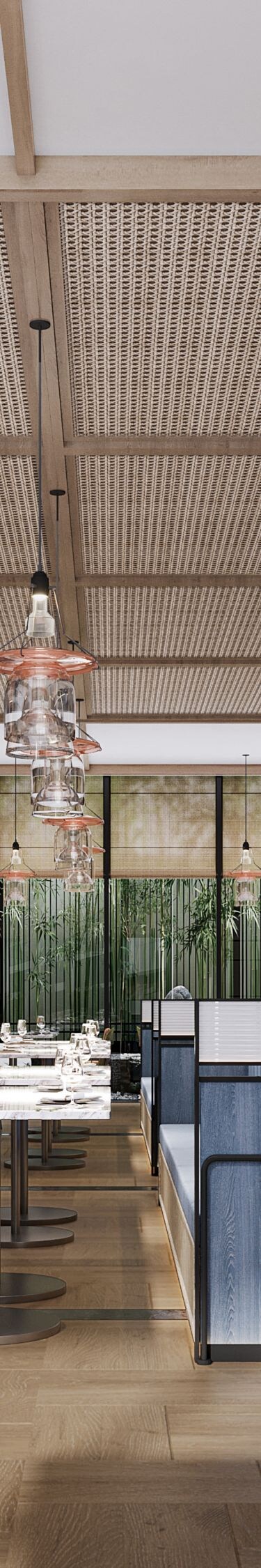 Modern restaurant dining area with wood accents