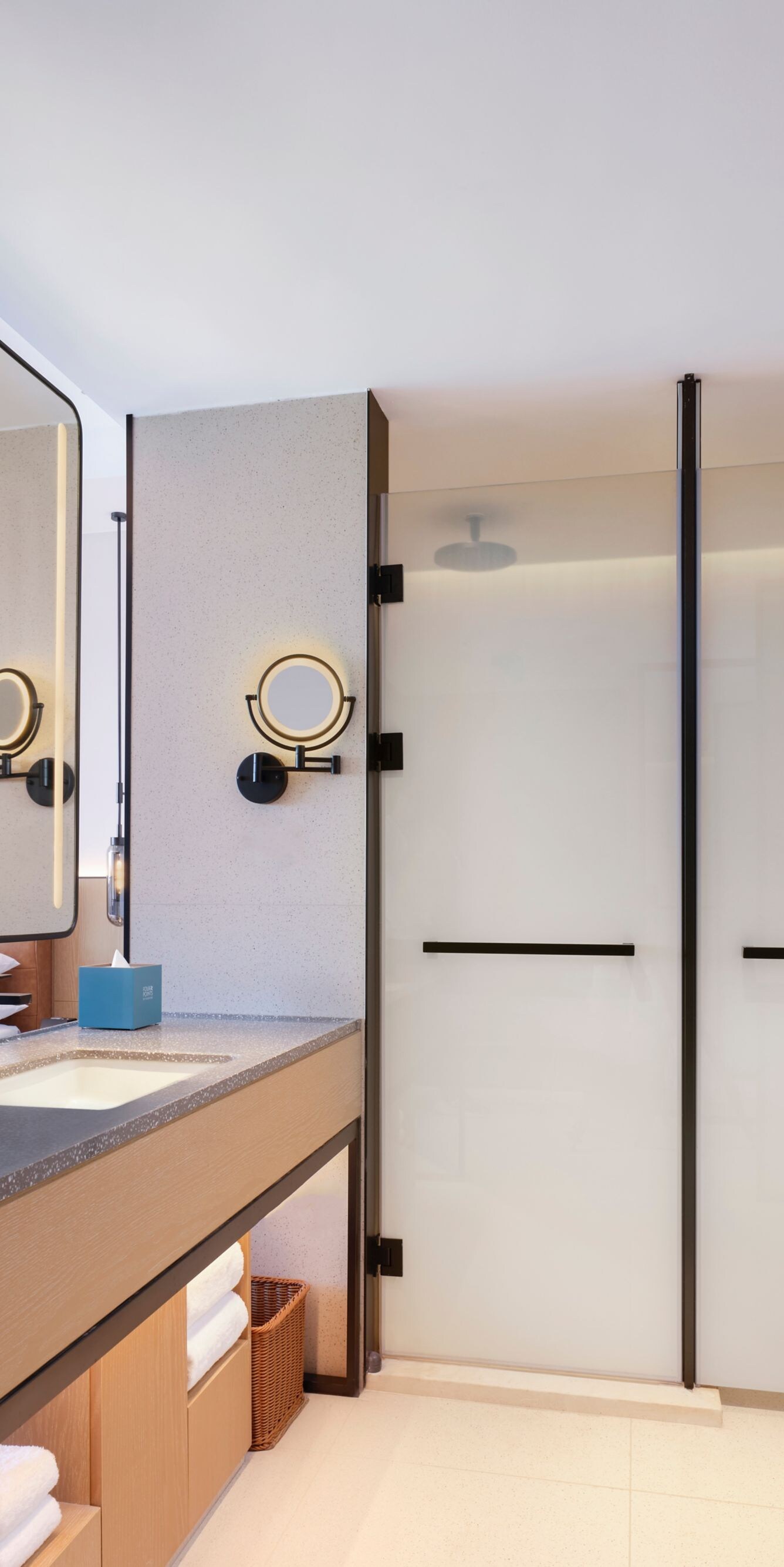 Open bathroom area of classic king room, wooden va