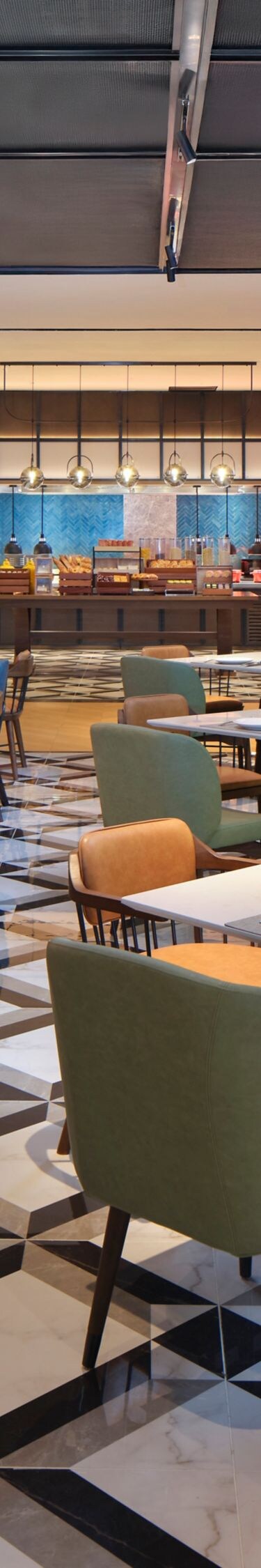 Stylish hotel dining room with set tables