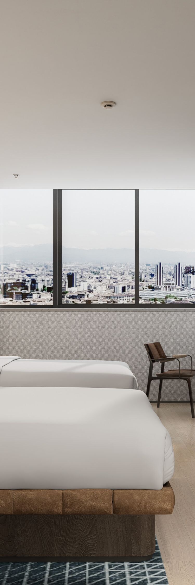 2 double beds, bench, TV, chair, table, city view