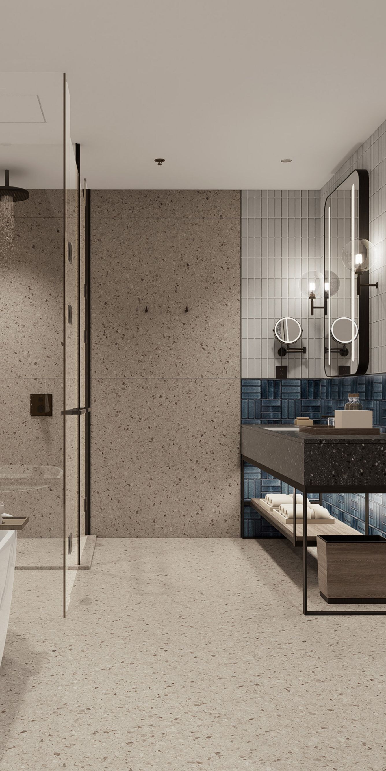 Separate walk-in shower, oversized tub, sink