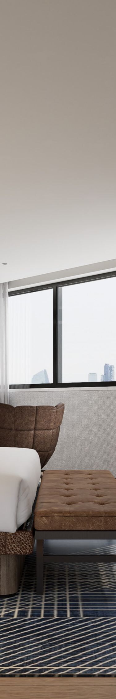 1 king bed, table, chair, TV, window, city view