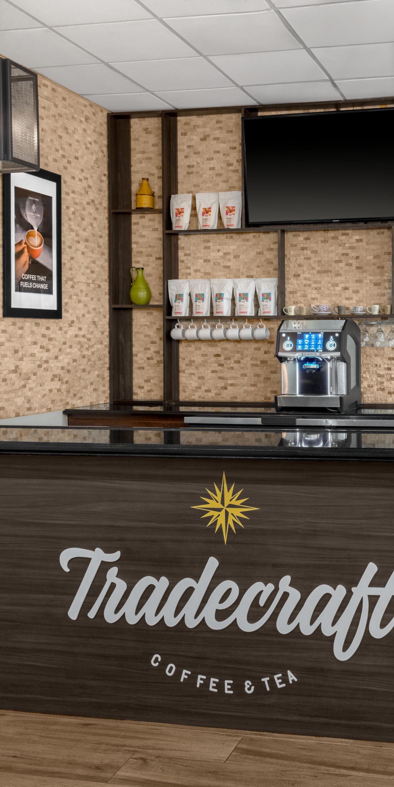 Coffee bar with counter and menu wall