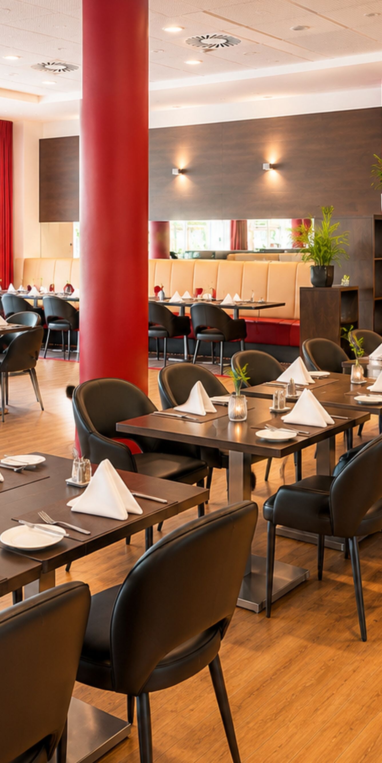 Speiseraum im Restaurant mit gedeckten Tischen und Stühlen