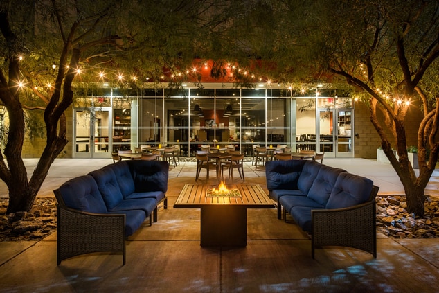 outdoor patio, fire pit, lights, couch