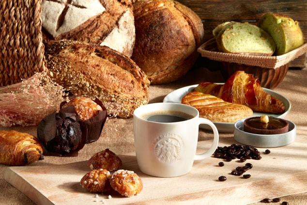 Croissant, flavored muffins and fragrant coffee