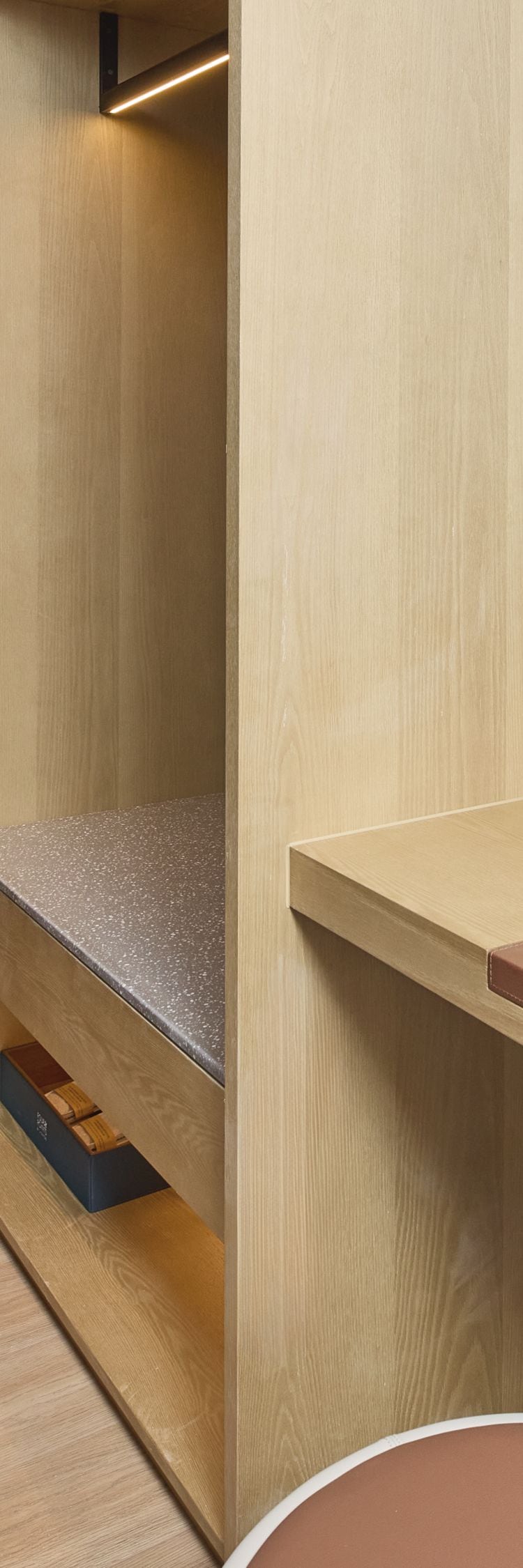 wardrobe space and built-in desk 