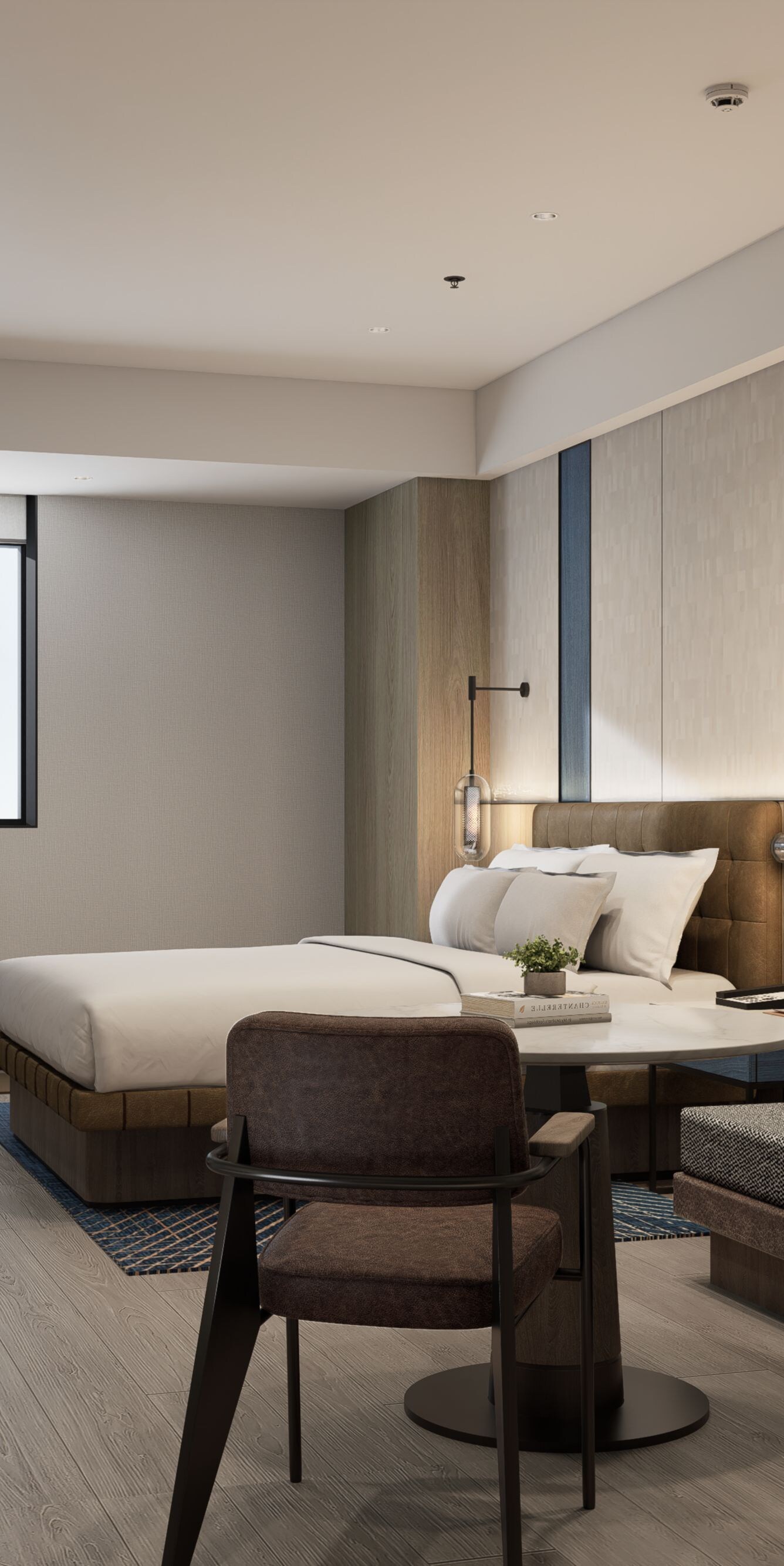 King bed, table and chair, sofa, table, TV