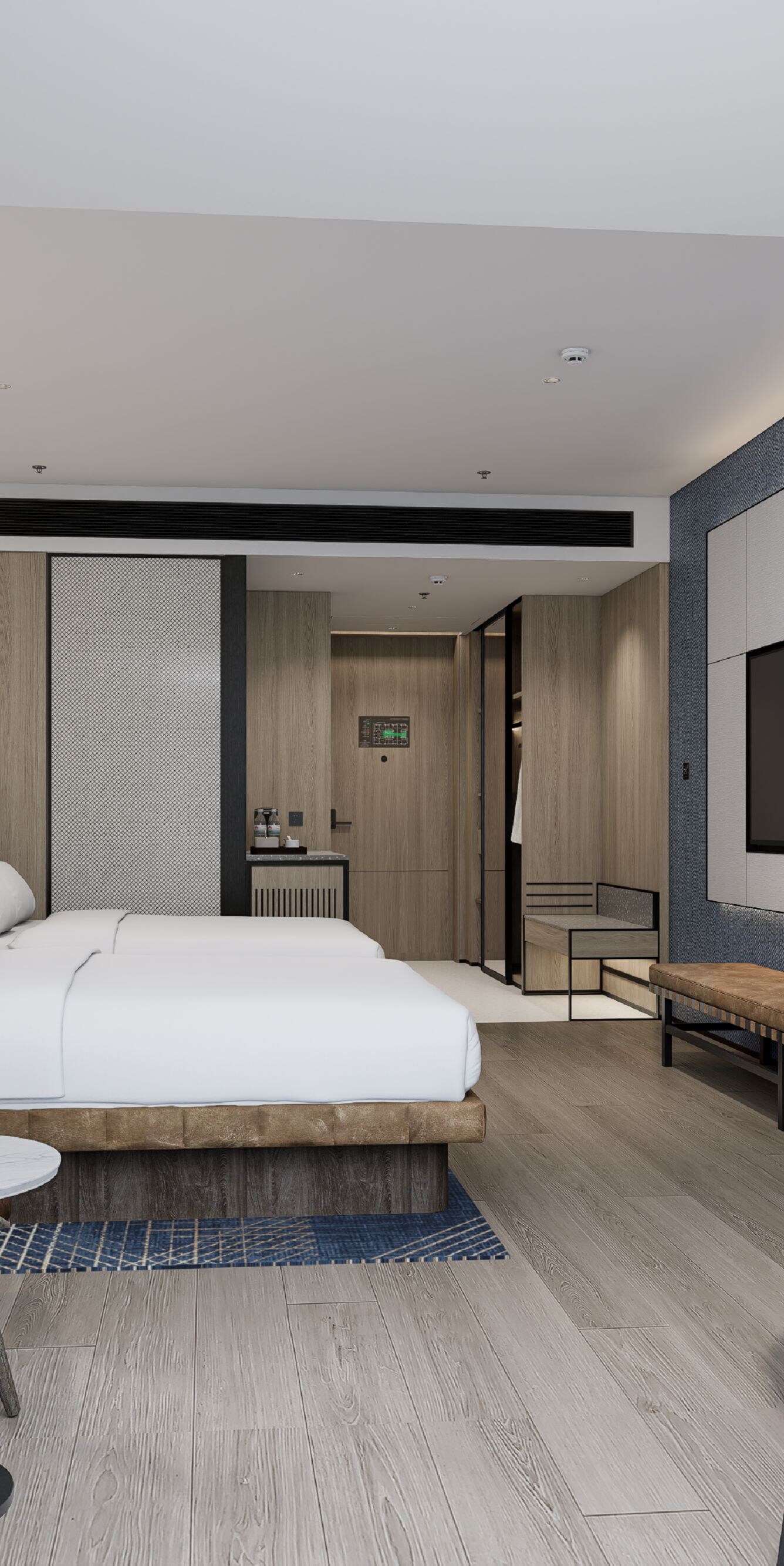 Two beds, table and chair, desk, bench, TV
