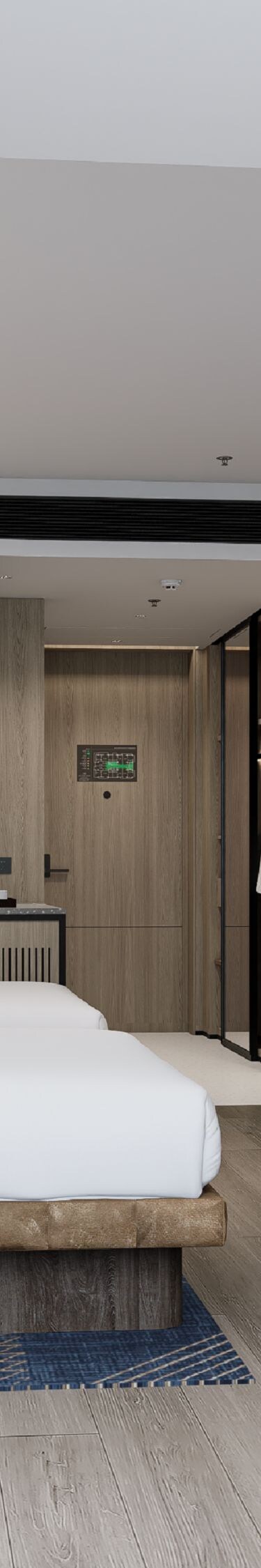 Two beds, table and chair, desk, bench, TV