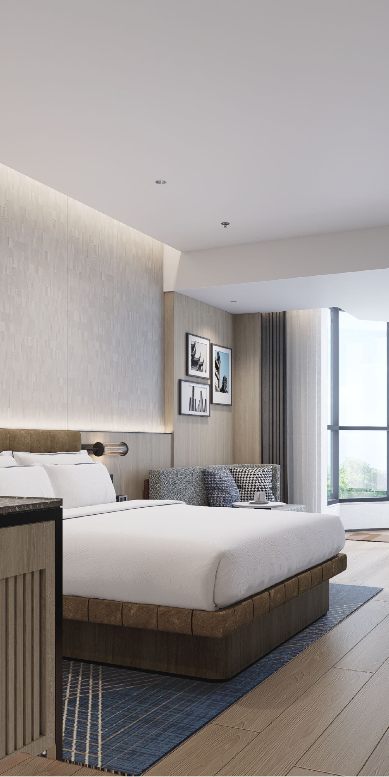King bed, table and chair, sofa, table, TV, amenit
