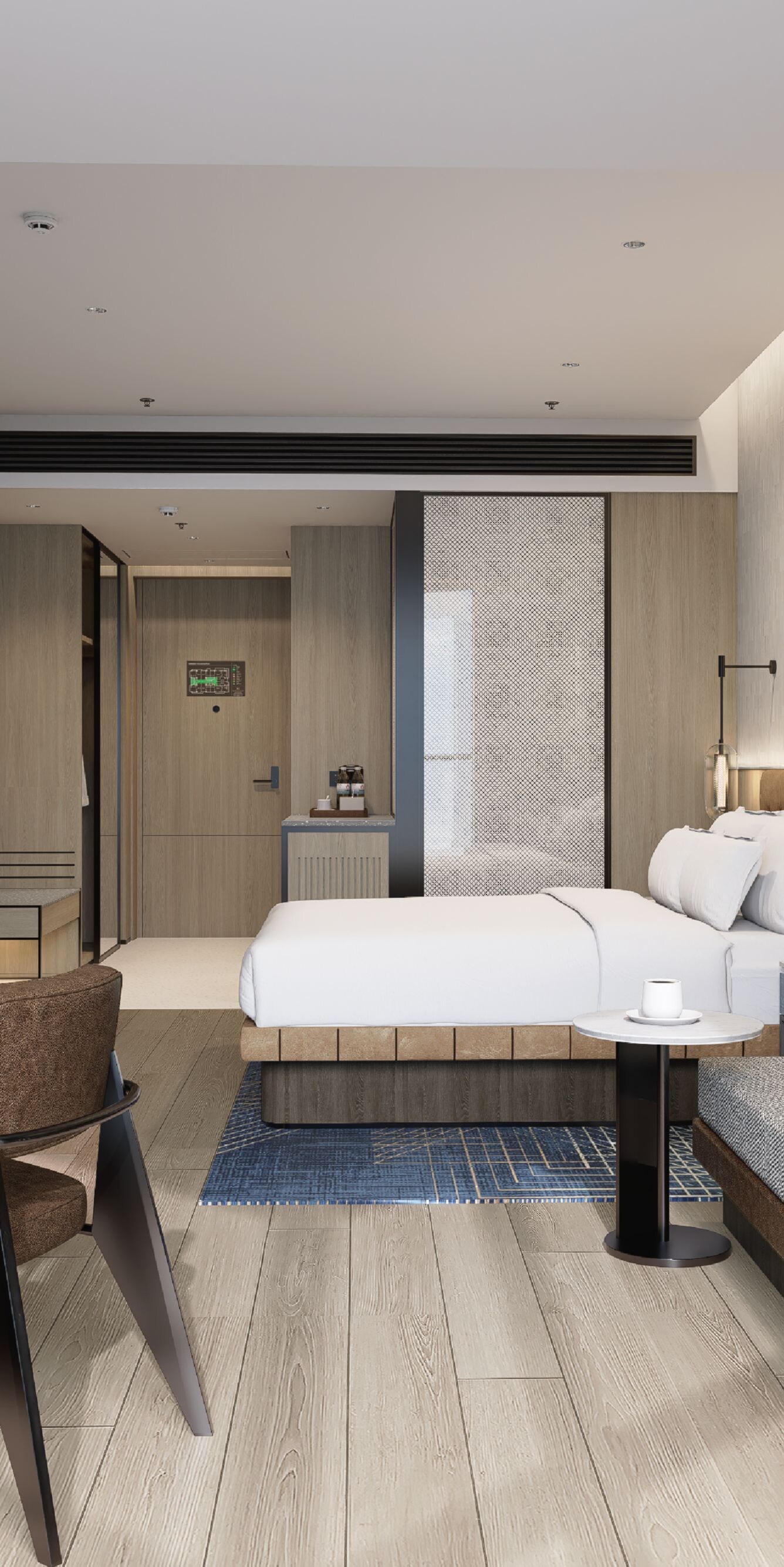 King bed, table and chair, sofa, table, TV