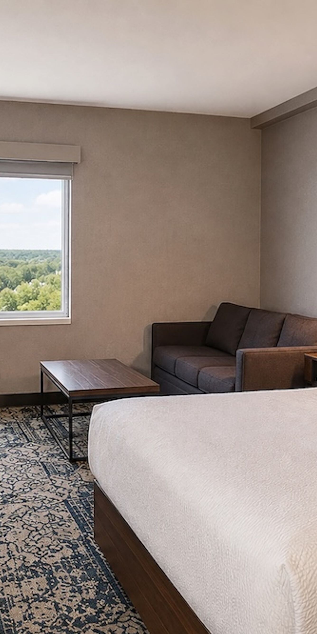 Chambre avec lit king size, canapé et vue sur la ville