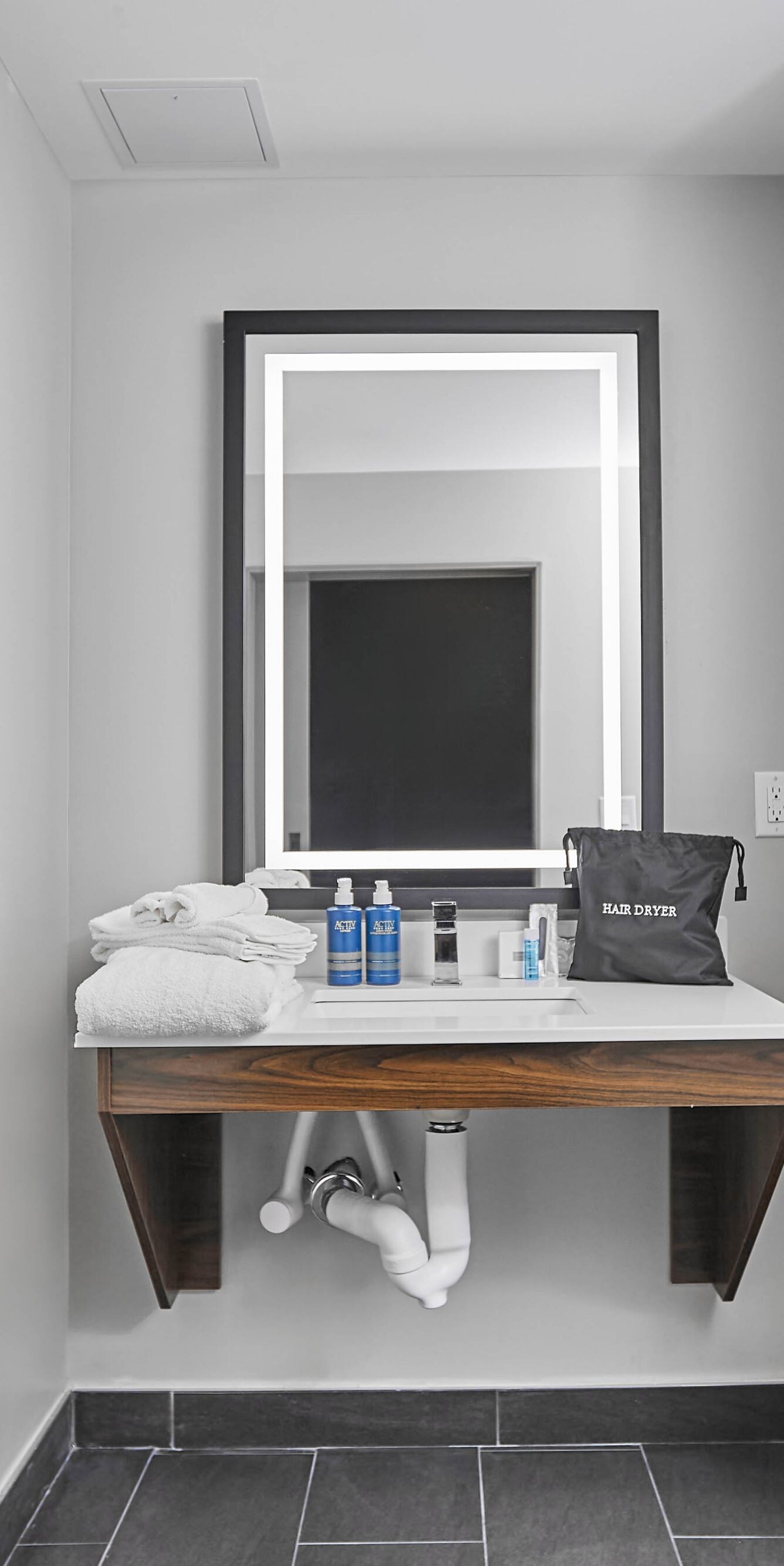 Accessible shower/tub combo, vanity & amenities