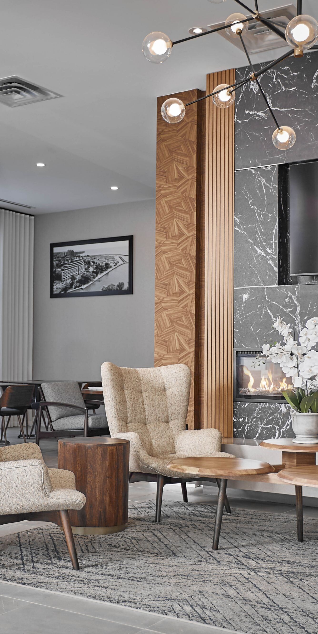 Lobby with fireplace seating