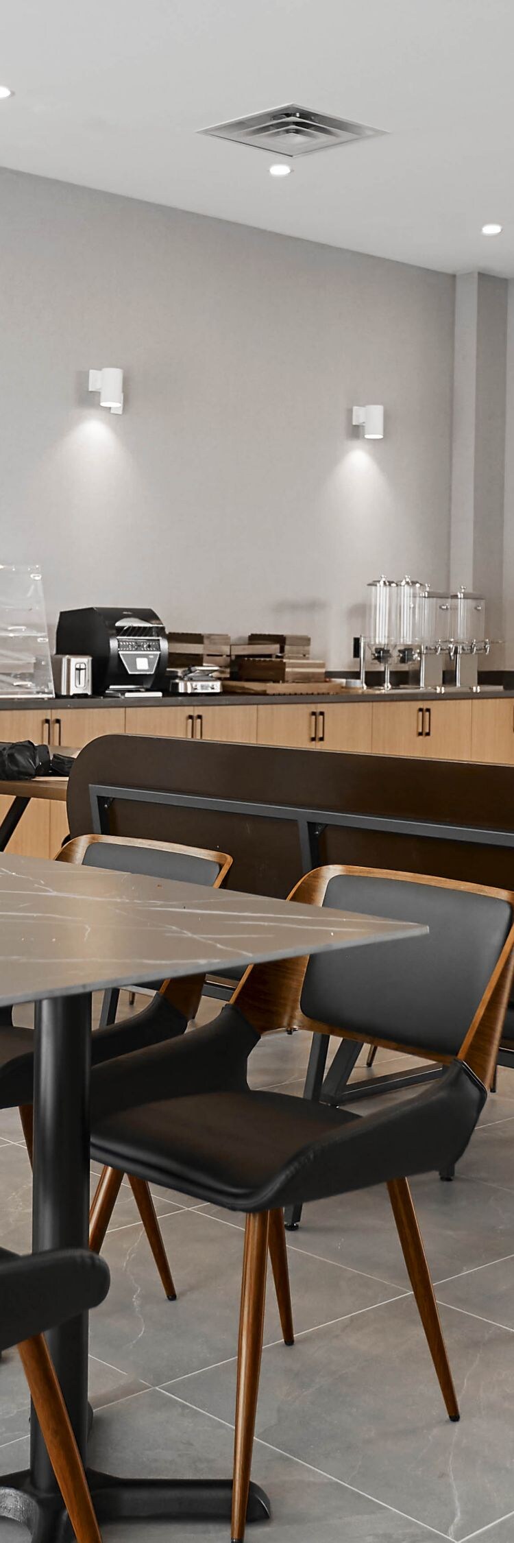 Breakfast buffet and open seating area for dining