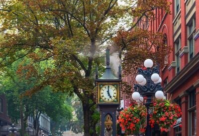 Outdoor clock and brick buildings