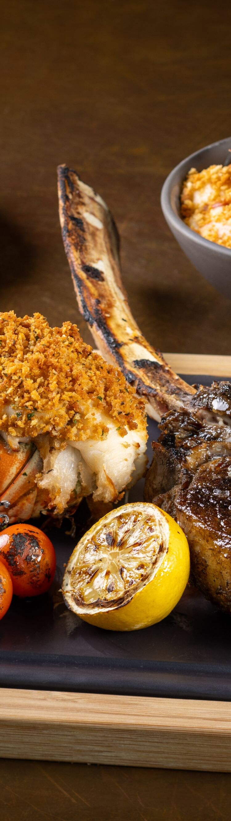 Steak and lobster with lobster macaroni and cheese