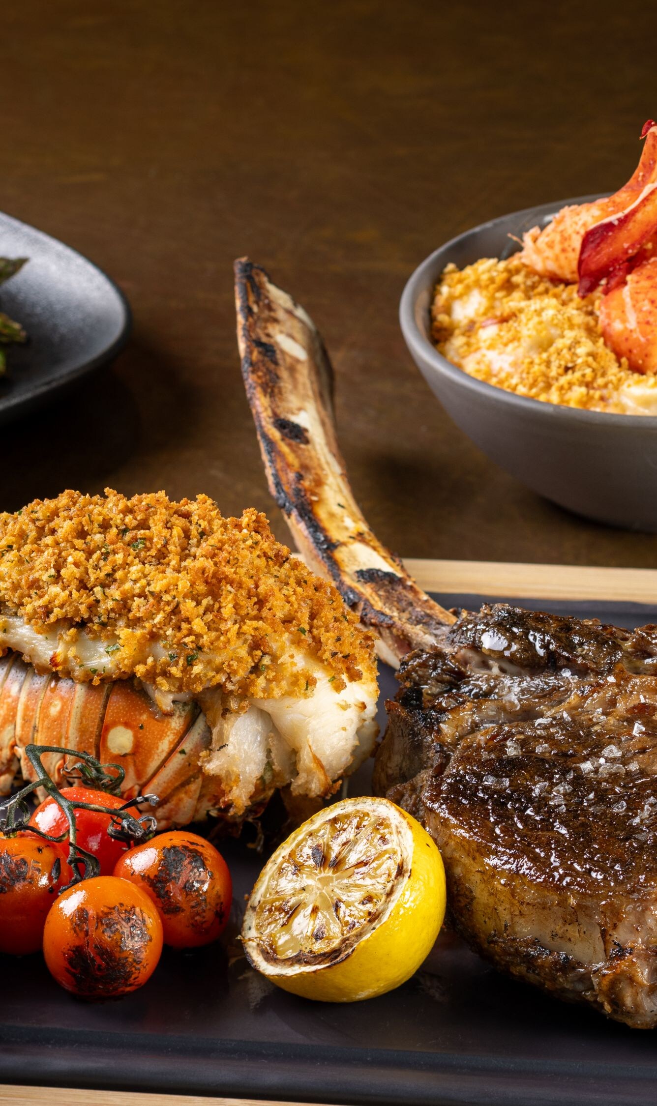 Steak and lobster with lobster macaroni and cheese