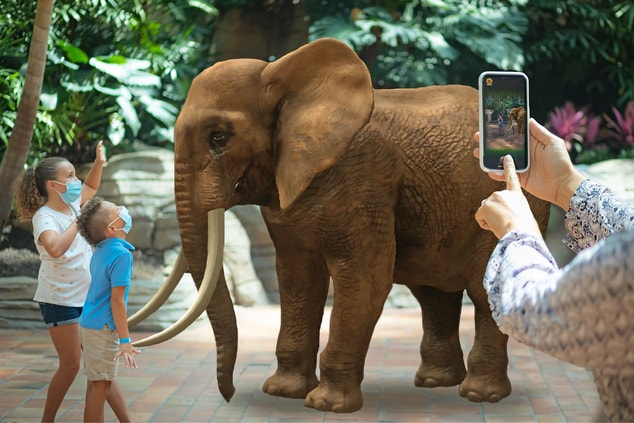 Mãe tirando fotos de crianças e elefante com celular