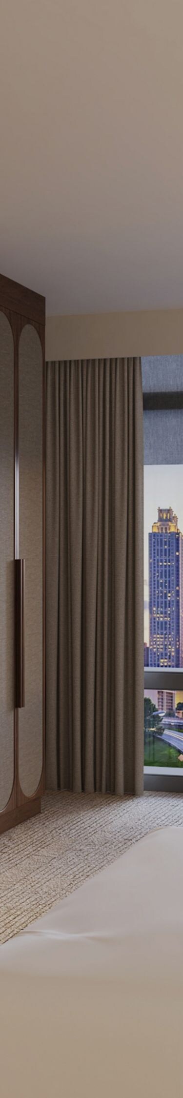 two queen beds, wardrobe, city view