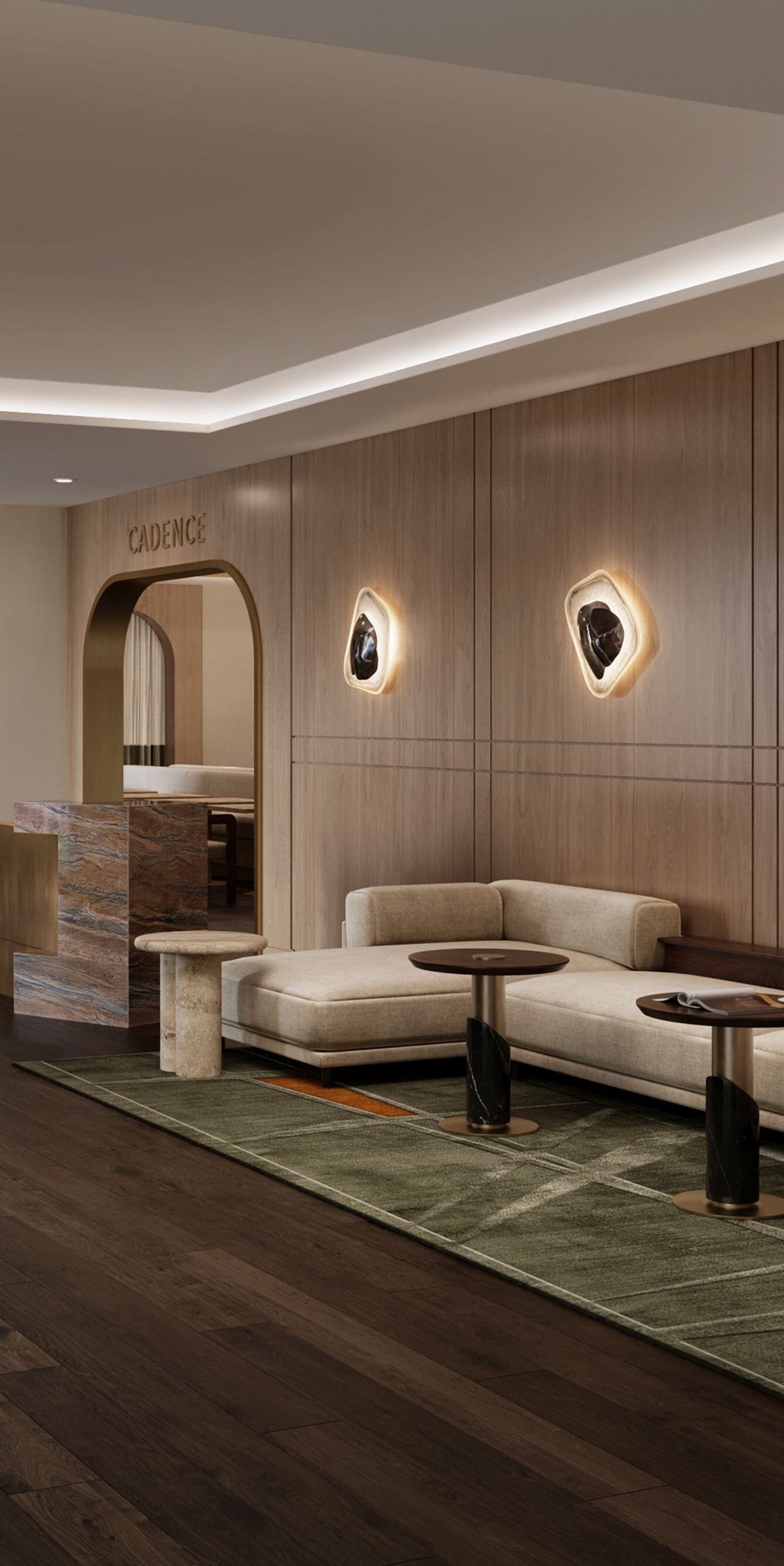 Warm, inviting restaurant entry featuring oak wood