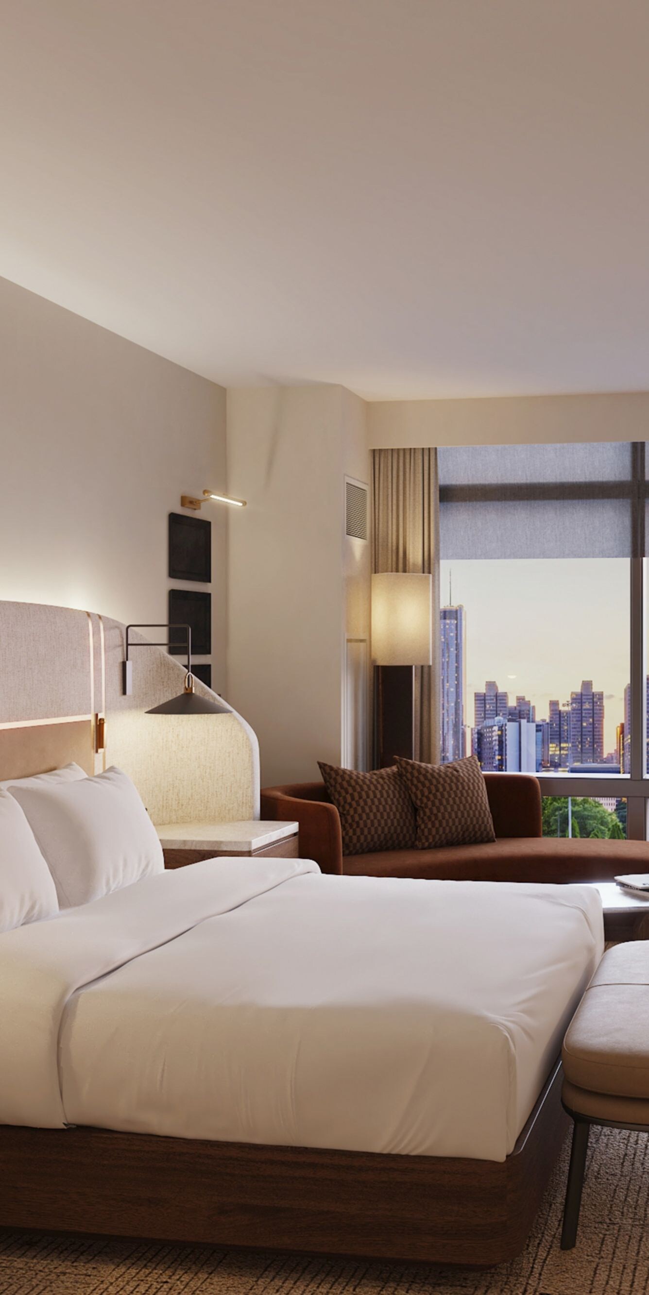 Guest room with king bed and city view