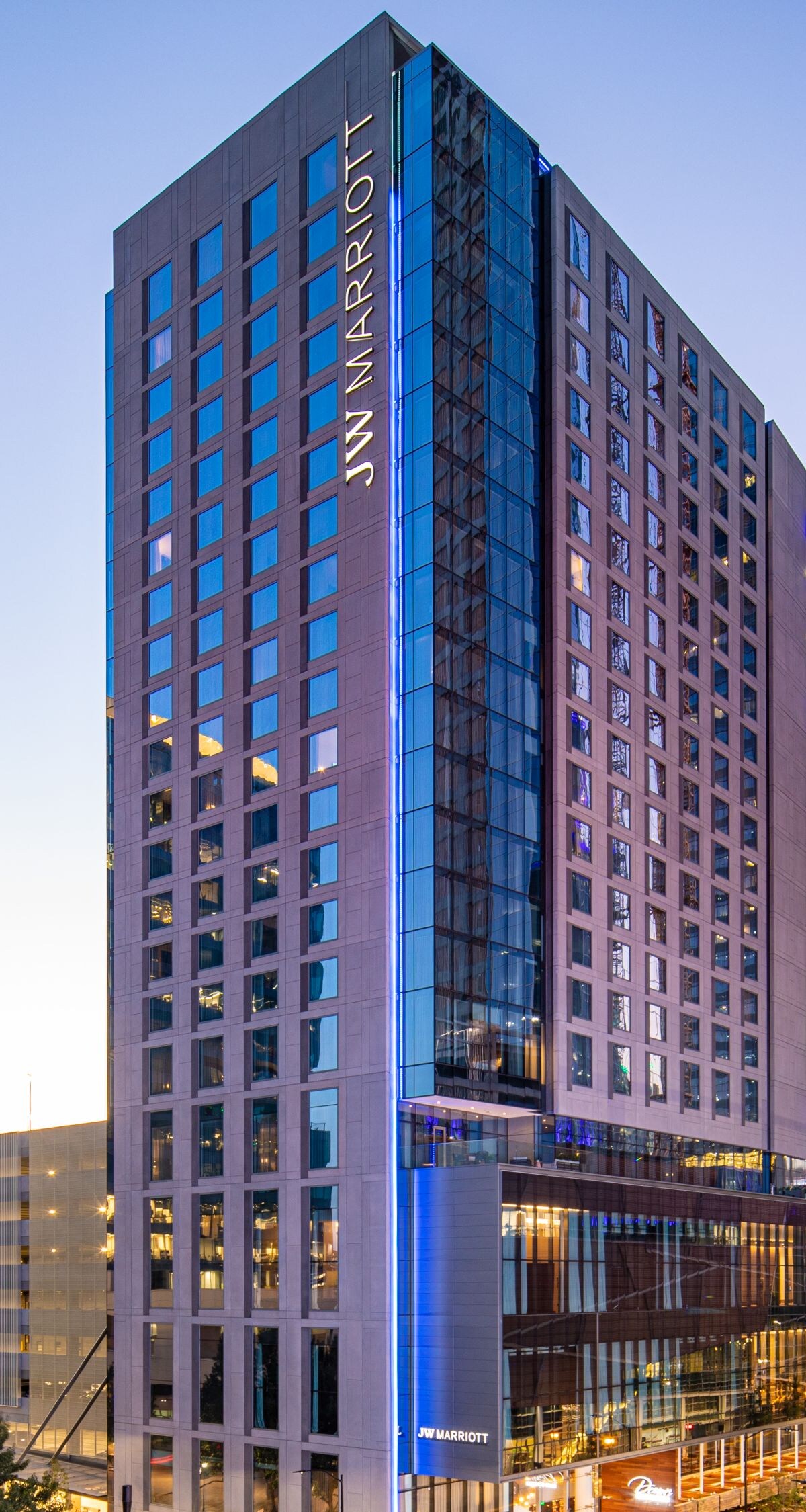JW Marriott Charlotte luxury hotel exterior in Uptown Charlotte at dusk