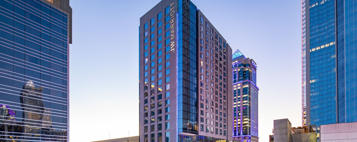 Exterior view of the JW Marriott in the Evening