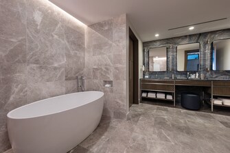 Luxurious bath area with extensive vanity spacing