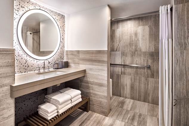 Roll in Shower, vanity with sink and mirror