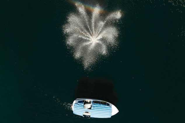 Areal shot of a gondola on water