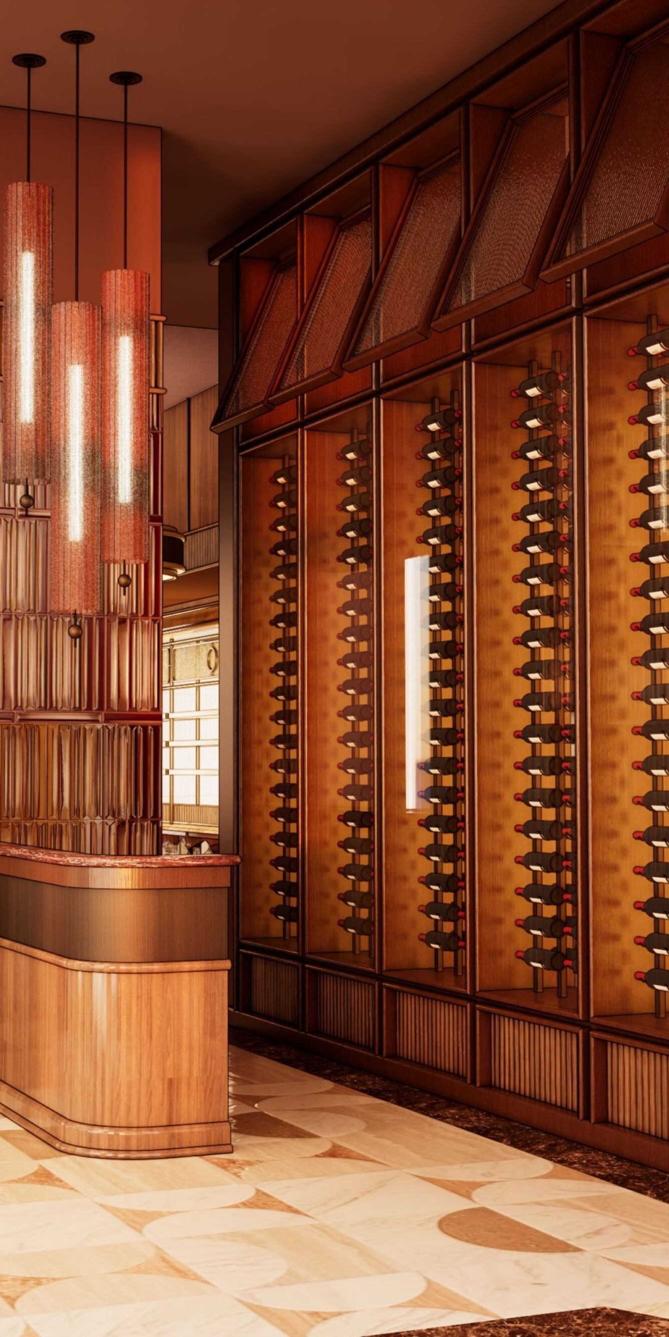 Warm entrance space at Joe Muer with wine rack