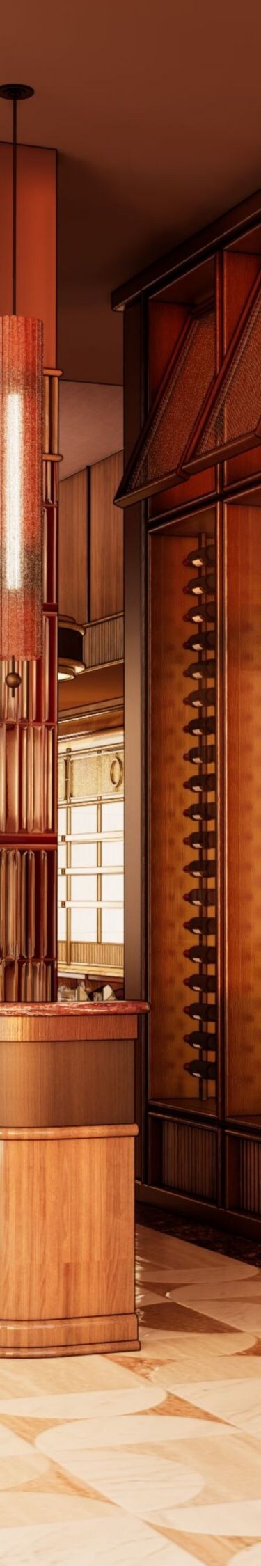 Warm entrance space at Joe Muer with wine rack