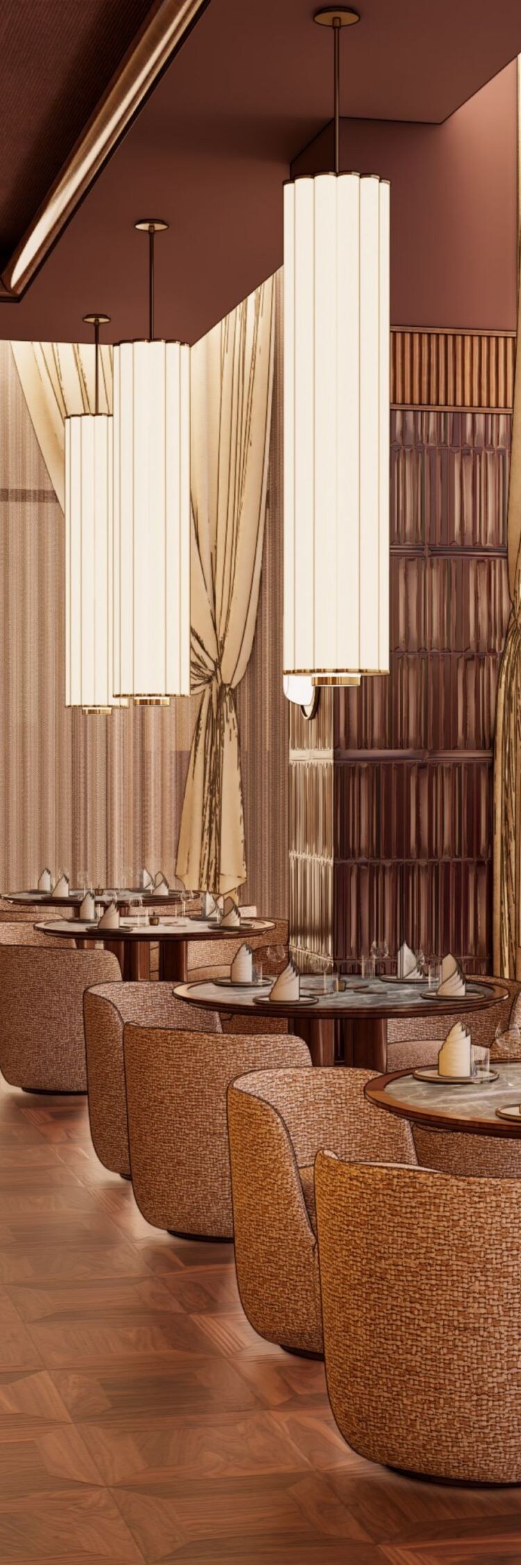 Elegant restaurant with tables by large windows