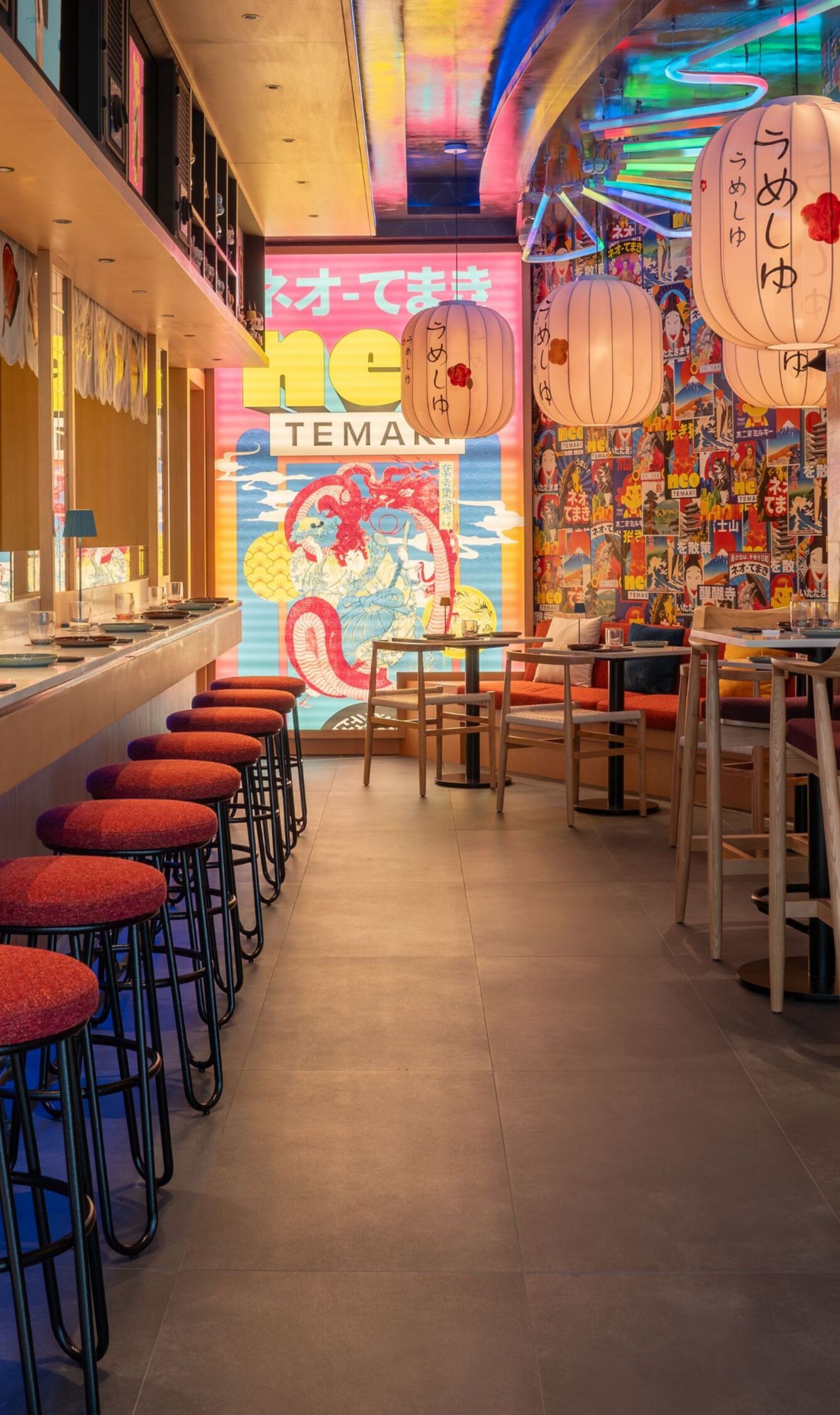 Restaurant interior with neon and lanterns
