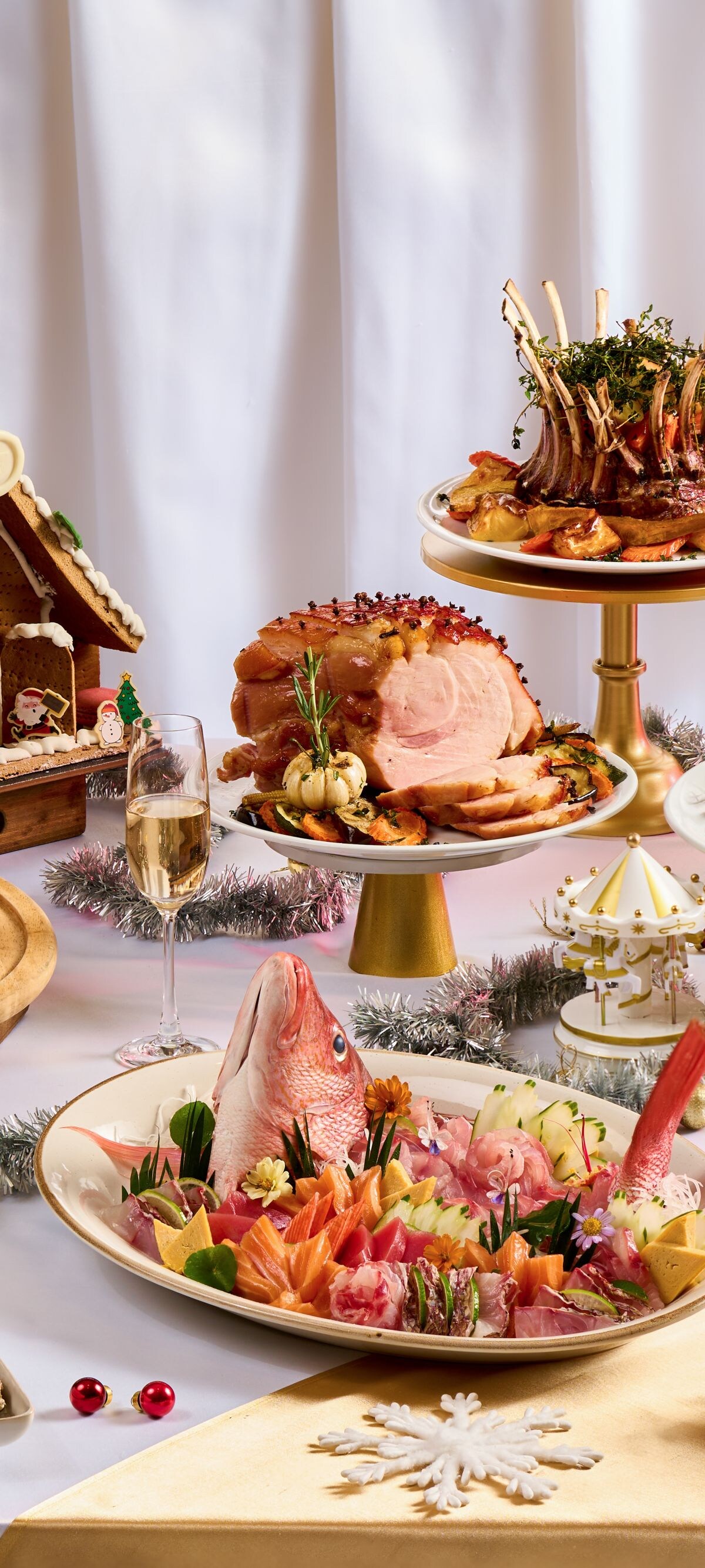 Christmas buffet with festive dishes and desserts