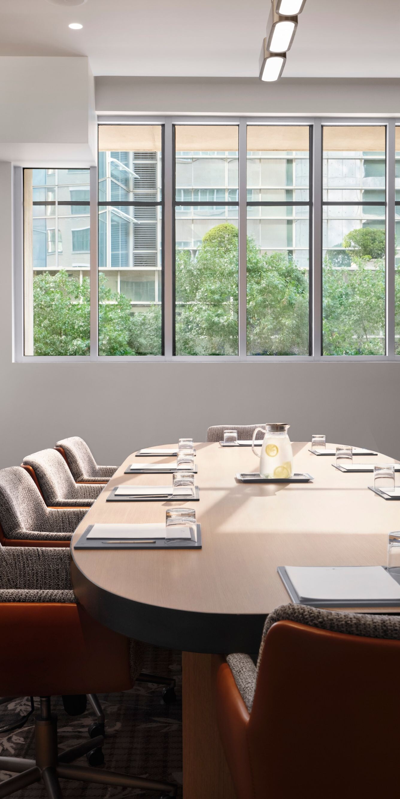 Boardroom with oval table and city view