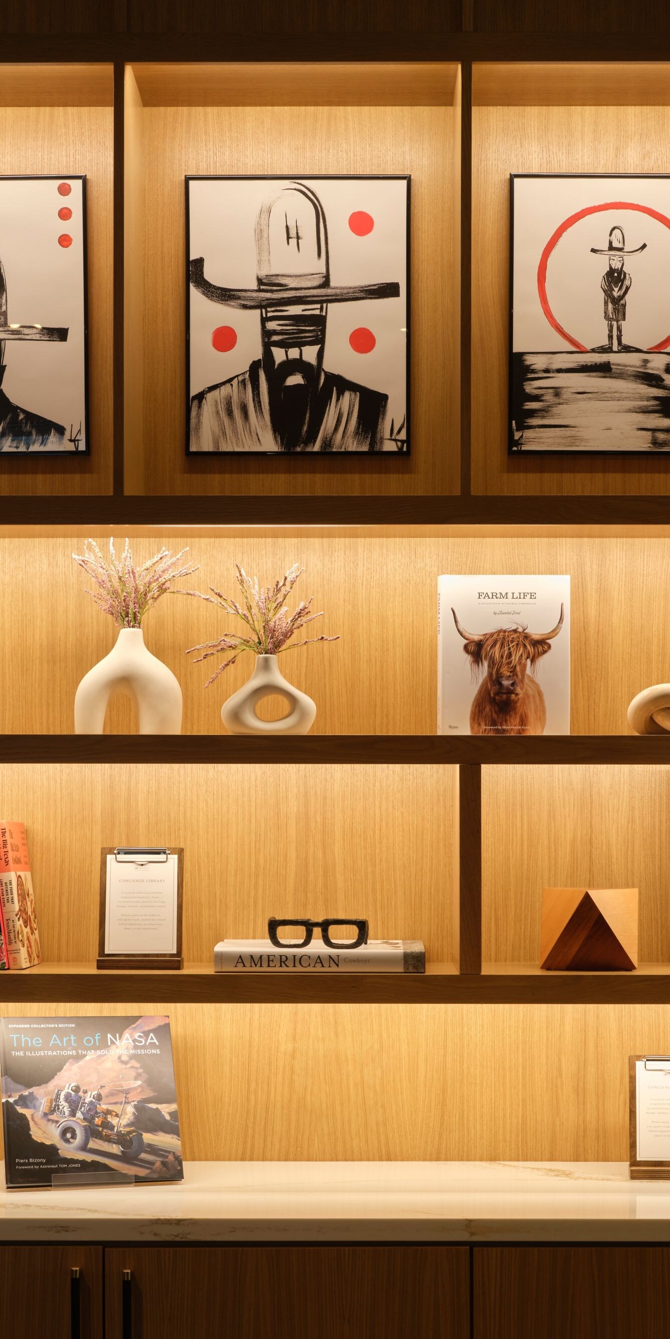 Custom shelving with art and books
